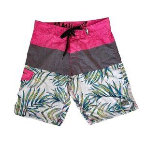 Maui & Sons Men's Sz 30 Black Shark 4 Way Stretch Pink Gray Tropical Boardshorts